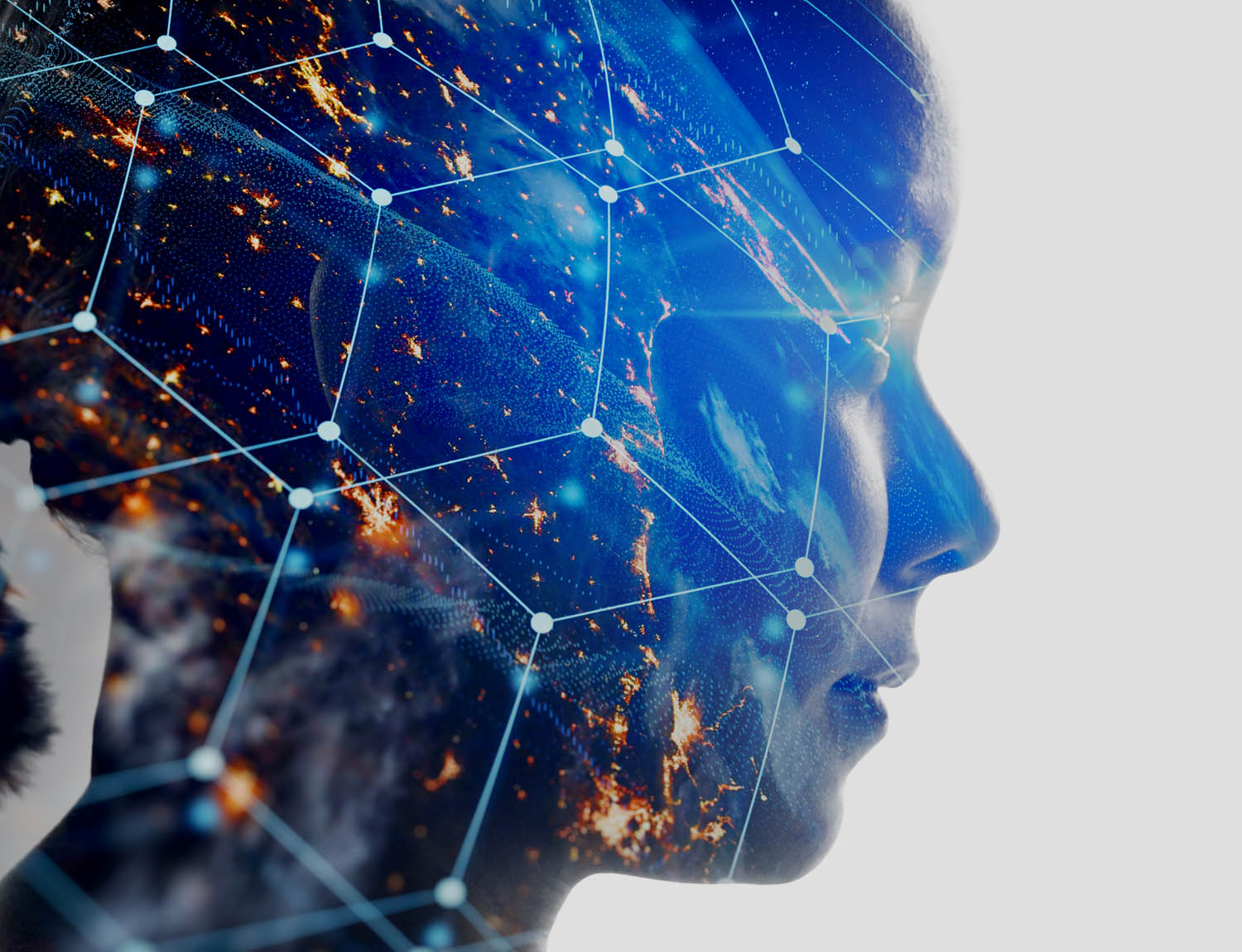 profilo di viso con connessioni e mondo